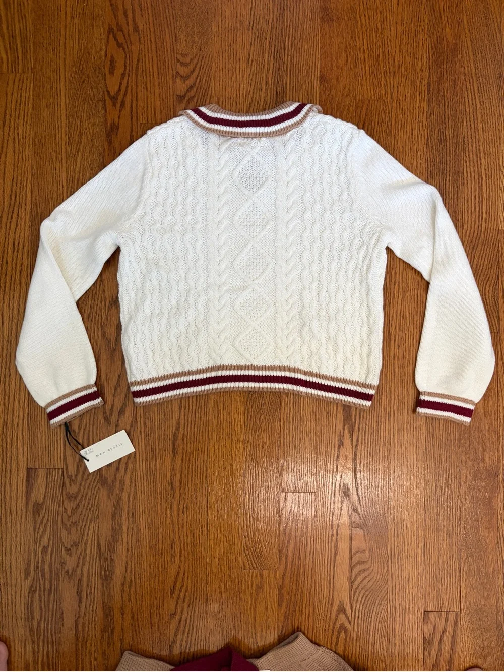 Max Studio 4pc Cable Knit Sweater and Tan Pleated Skirt Set w/ Burgundy Trim